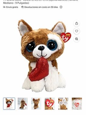 TY Brown and White Plush Dog with Blue Eyes and Red Glitter Heart